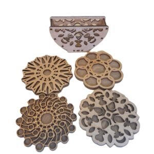 Wooden Geometric Mandala Coffee Coasters with Holder design 1 – Set of 4 with  holder – Stylish Laser Cut Coasters for Home & Office