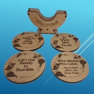 Wine Enthusiast Wooden Coasters set 3 Laser Engraved with Coaster Holder, Humorous Sayings, Great for Housewarming Gifts and Wine Lovers