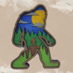 Bigfoot landscape layered art. Unique big foot wall hanger for all the sasquatch believers.Perfect cryptid gift for housewarming or birthday