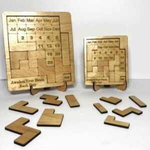 Wooden calendar puzzle laser engraved handcrafted brain teaser. Choose between two sizes.  Unique home office decor gift for puzzle lovers.