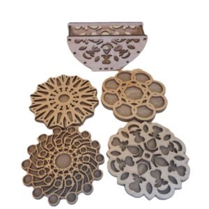 Wooden Geometric Mandala Coffee Coasters with Holder design 1 – Set of 4 with  holder – Stylish Laser Cut Coasters for Home & Office