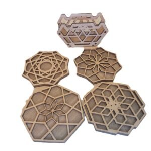 Wooden Geometric Mandala Coffee Coasters with Holder design 2 – Set of 4 with  holder – Stylish Laser Cut Coasters for Home & Office