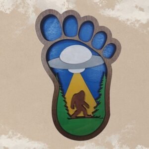 Bigfoot and alien 3d layered art. Unique big foot wall hanger for all the sasquatch believers.  Perfect cryptid gift for alien and UFO