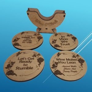Wine Enthusiast Wooden Coasters set 3 Laser Engraved with Coaster Holder, Humorous Sayings, Great for Housewarming Gifts and Wine Lovers