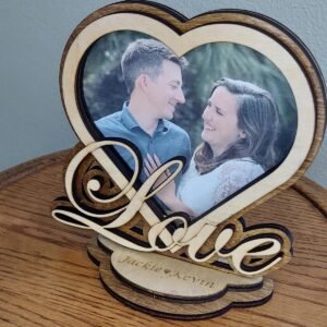 Personalized Valentines love heart photo frame gift.  Heart picture holder, wedding gift, romantic, wood love picture frame, laser cut.